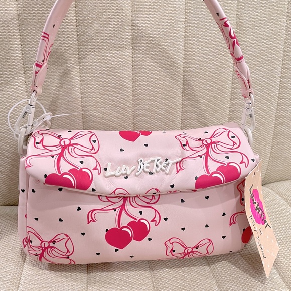 NEW Luv‎ Betsey Johnson Pink Bow LBCORAL Cherry Heart Baguette Shoulder Bag - Picture 4 of 8